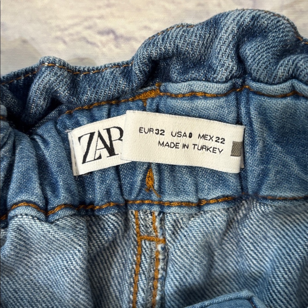 ZARA Baggy Paper Bag Waist High Rise Denim Blue Jeans Size 0 - Picture 9 of 10